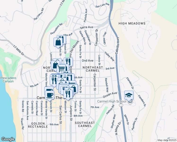 map of restaurants, bars, coffee shops, grocery stores, and more near 5 Guadalupe Street in Carmel-by-the-Sea
