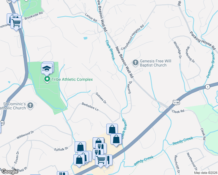 map of restaurants, bars, coffee shops, grocery stores, and more near 1813 Buckingham Court in Kingsport