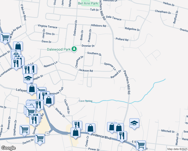 map of restaurants, bars, coffee shops, grocery stores, and more near 330 Jackson Road in Clarksville