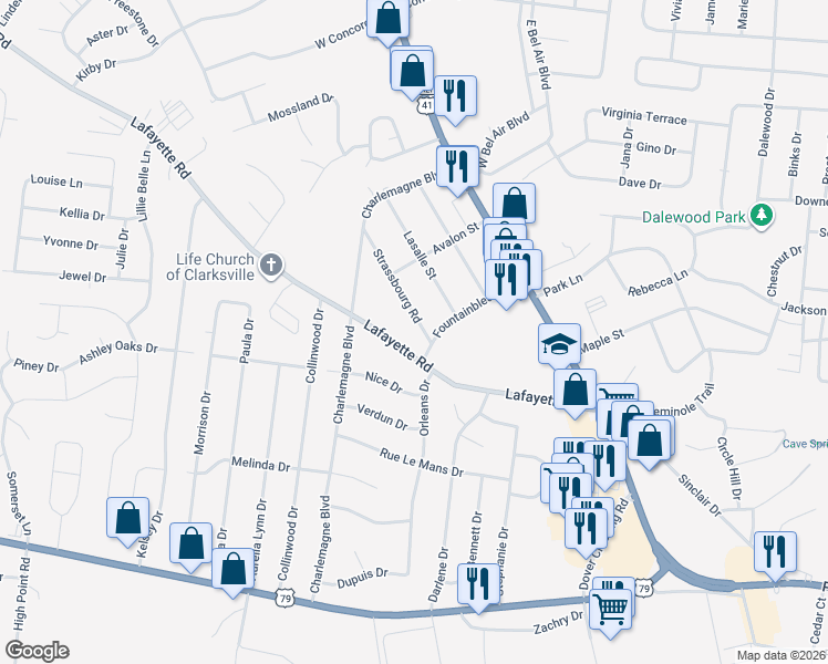 map of restaurants, bars, coffee shops, grocery stores, and more near 17 Fountainbleau Road in Clarksville