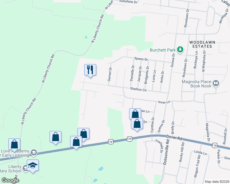 map of restaurants, bars, coffee shops, grocery stores, and more near 802 Shelton Circle in Clarksville