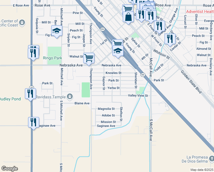map of restaurants, bars, coffee shops, grocery stores, and more near 2327 Park Street in Selma