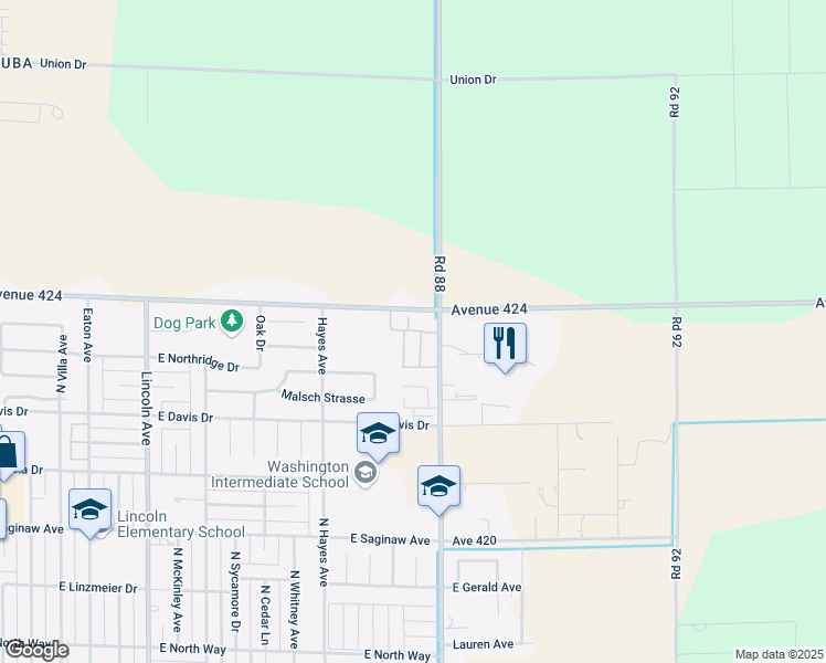 map of restaurants, bars, coffee shops, grocery stores, and more near 1655 North Crawford Avenue in Dinuba
