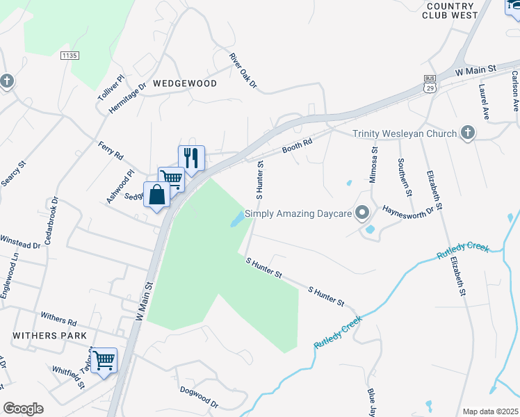 map of restaurants, bars, coffee shops, grocery stores, and more near 171 South Hunter Street in Danville