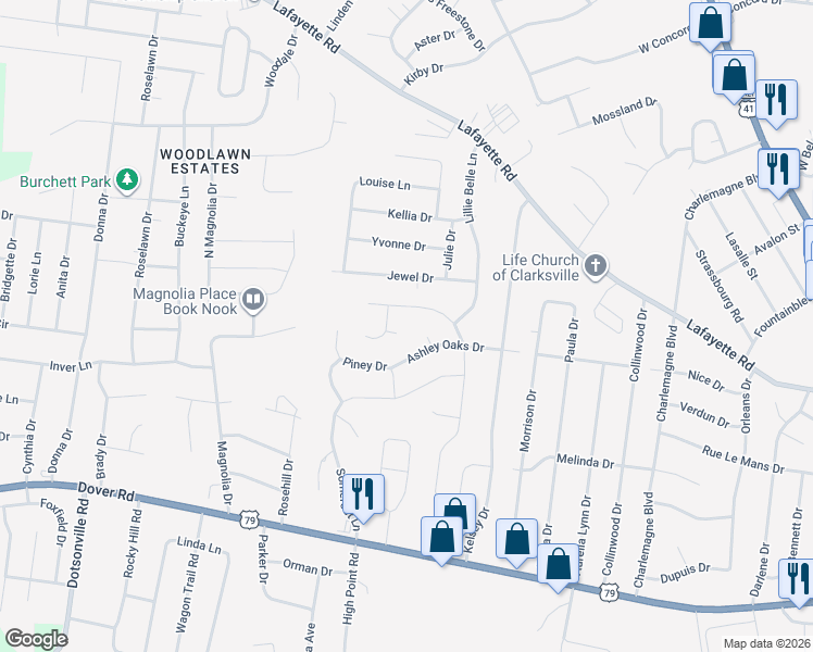 map of restaurants, bars, coffee shops, grocery stores, and more near 362 Woodtrace Drive in Clarksville