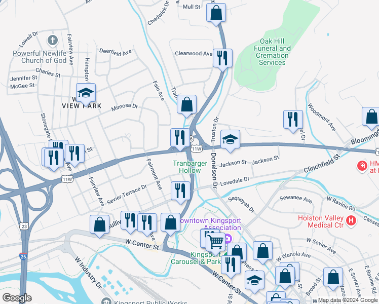 map of restaurants, bars, coffee shops, grocery stores, and more near 525 Lynn Garden Drive in Kingsport