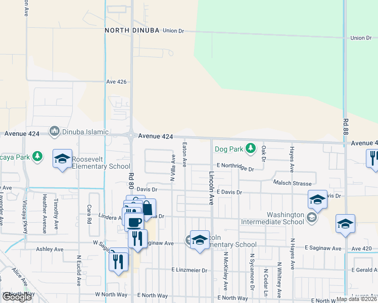 map of restaurants, bars, coffee shops, grocery stores, and more near 1596 Eaton Avenue in Dinuba