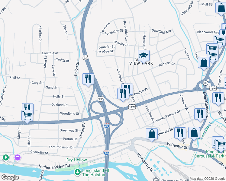 map of restaurants, bars, coffee shops, grocery stores, and more near 1000 Stonegate Road in Kingsport