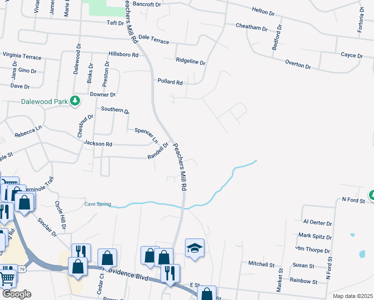 map of restaurants, bars, coffee shops, grocery stores, and more near 593 Peachers Mill Road in Clarksville