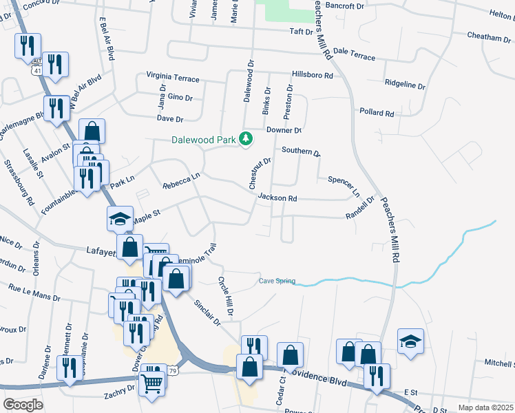 map of restaurants, bars, coffee shops, grocery stores, and more near 80 Chestnut Drive in Clarksville