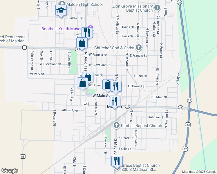 map of restaurants, bars, coffee shops, grocery stores, and more near 151 West Howard Street in Malden
