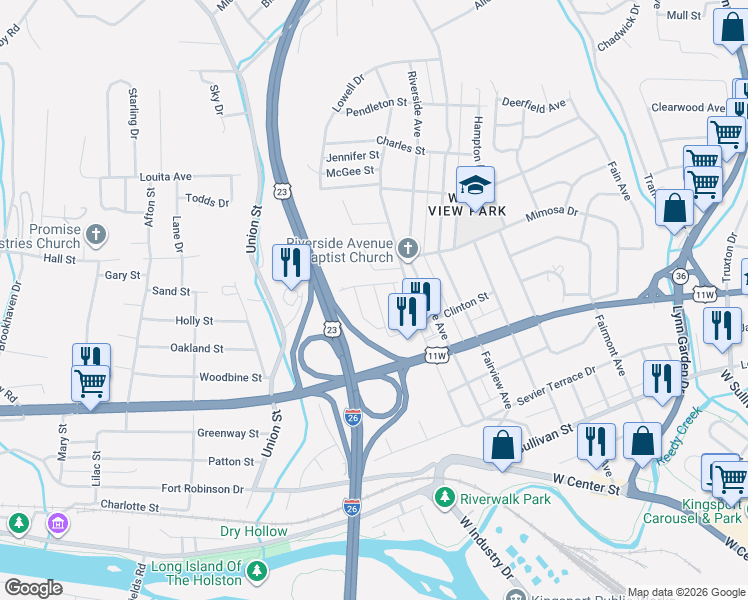 map of restaurants, bars, coffee shops, grocery stores, and more near 1000 Stonegate Road in Kingsport