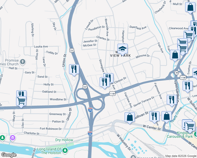 map of restaurants, bars, coffee shops, grocery stores, and more near 1000 Stonegate Road in Kingsport