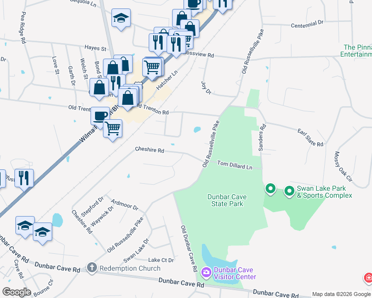 map of restaurants, bars, coffee shops, grocery stores, and more near 200 Cheshire Road in Clarksville