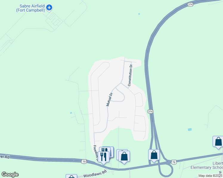 map of restaurants, bars, coffee shops, grocery stores, and more near 1389 Mutual Drive in Clarksville