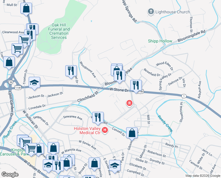 map of restaurants, bars, coffee shops, grocery stores, and more near 204 West Stone Drive in Kingsport