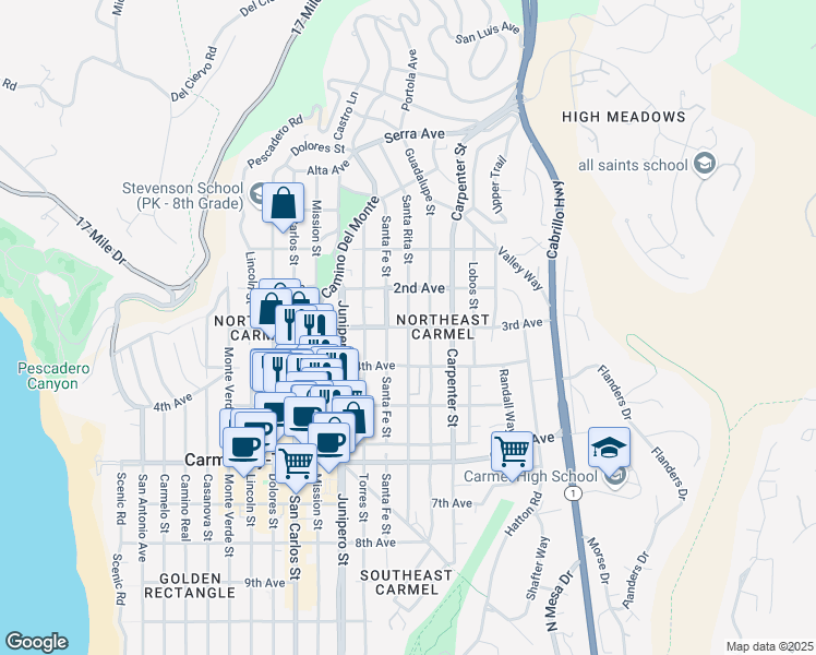 map of restaurants, bars, coffee shops, grocery stores, and more near Santa Rita St & 3rd Ave in Carmel-by-the-Sea