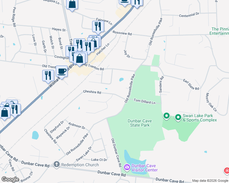 map of restaurants, bars, coffee shops, grocery stores, and more near 200 Cheshire Road in Clarksville