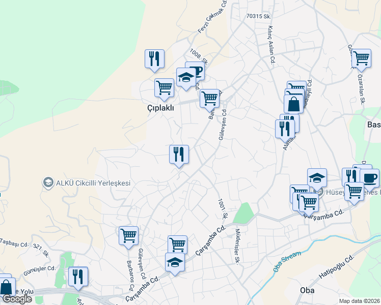 map of restaurants, bars, coffee shops, grocery stores, and more near 82 Barbaros Caddesi in Alanya