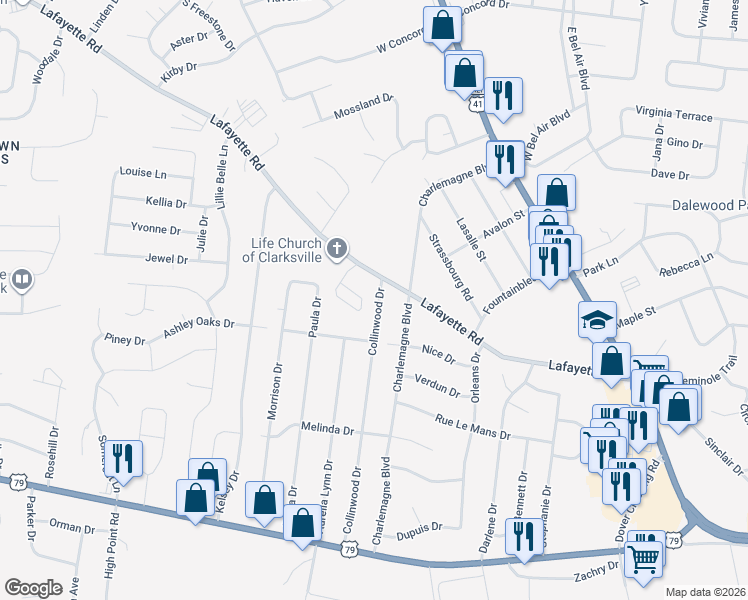 map of restaurants, bars, coffee shops, grocery stores, and more near 5052 Collinwood Drive in Clarksville