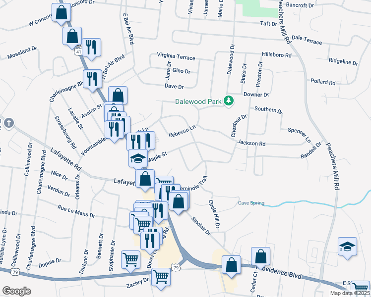 map of restaurants, bars, coffee shops, grocery stores, and more near 36 Maple Street in Clarksville