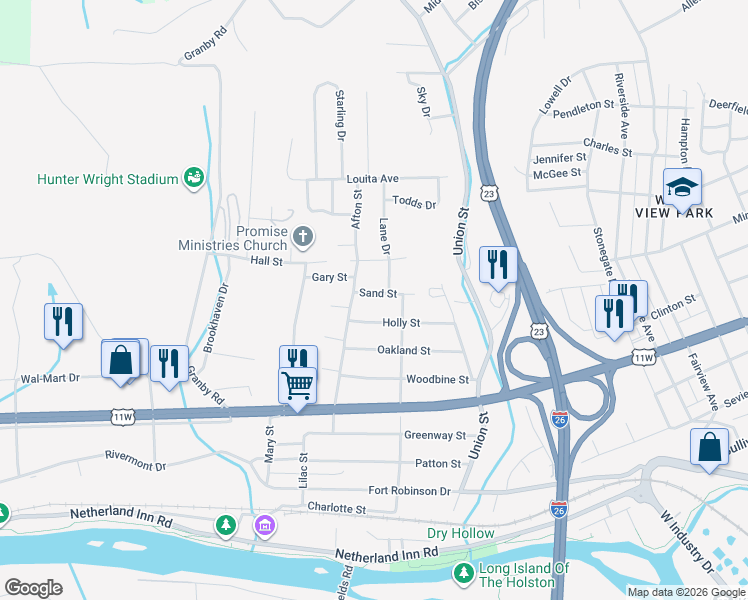 map of restaurants, bars, coffee shops, grocery stores, and more near 2025 Sand Street in Kingsport