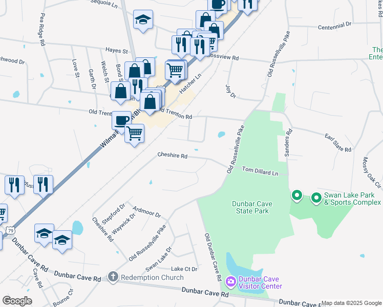 map of restaurants, bars, coffee shops, grocery stores, and more near 210 Cheshire Road in Clarksville