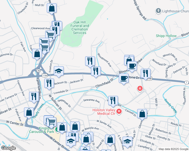map of restaurants, bars, coffee shops, grocery stores, and more near 425 West Stone Drive in Kingsport