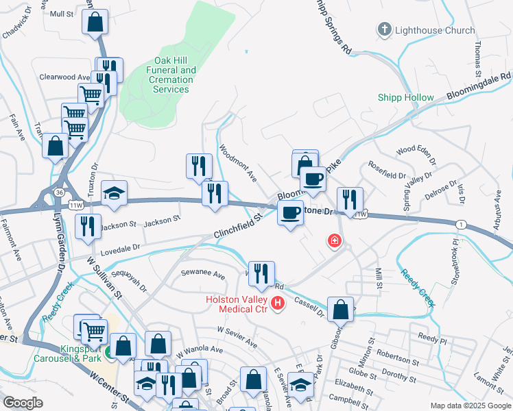 map of restaurants, bars, coffee shops, grocery stores, and more near 323 Lee Highway in Kingsport