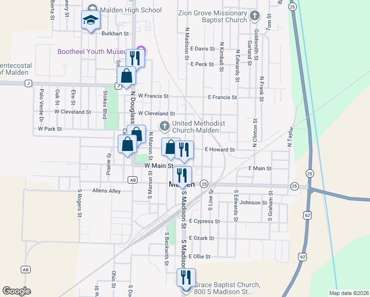 map of restaurants, bars, coffee shops, grocery stores, and more near 100 East Howard Street in Malden