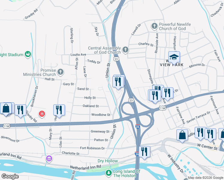 map of restaurants, bars, coffee shops, grocery stores, and more near 989 Dry Hollow Road in Kingsport