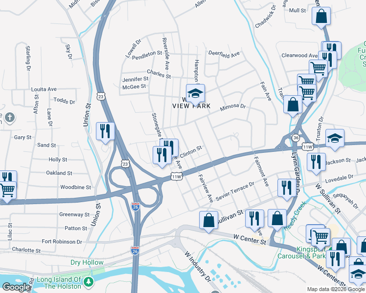 map of restaurants, bars, coffee shops, grocery stores, and more near 918 Fairview Avenue in Kingsport