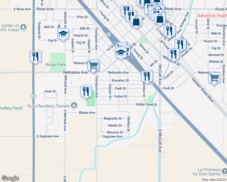 map of restaurants, bars, coffee shops, grocery stores, and more near 2327 Park Street in Selma