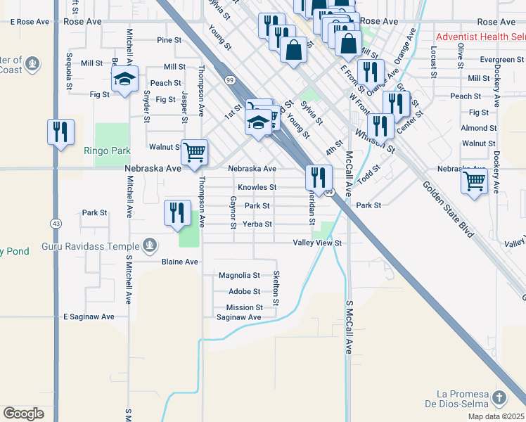 map of restaurants, bars, coffee shops, grocery stores, and more near 2217-1/2 Park Street in Selma