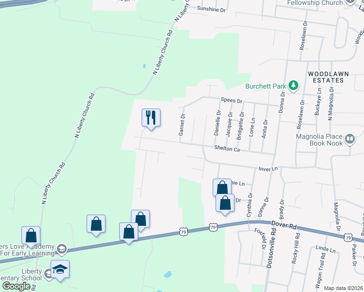 map of restaurants, bars, coffee shops, grocery stores, and more near 814 Shelton Circle in Clarksville