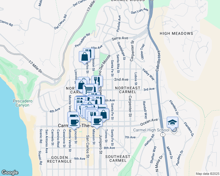 map of restaurants, bars, coffee shops, grocery stores, and more near in Carmel-by-the-Sea
