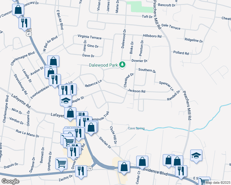 map of restaurants, bars, coffee shops, grocery stores, and more near 63 Maple Street in Clarksville