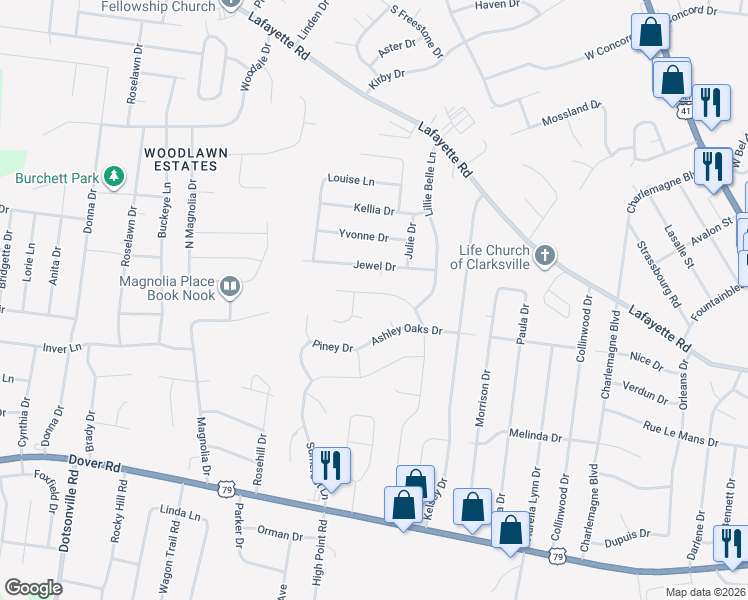 map of restaurants, bars, coffee shops, grocery stores, and more near 362 Woodtrace Drive in Clarksville