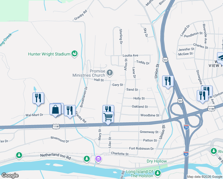 map of restaurants, bars, coffee shops, grocery stores, and more near 719 Hollis Street in Kingsport
