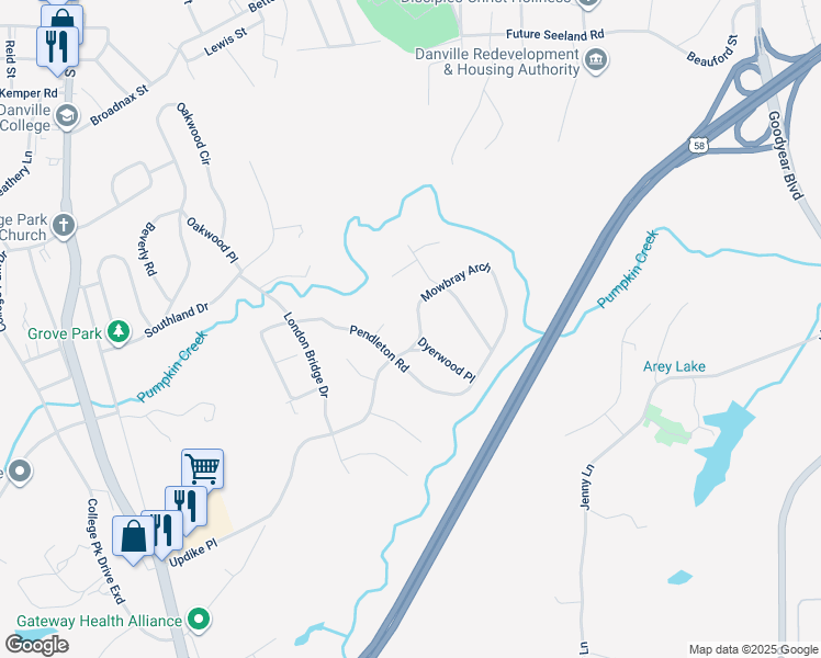 map of restaurants, bars, coffee shops, grocery stores, and more near 211 Mowbray Arch in Danville