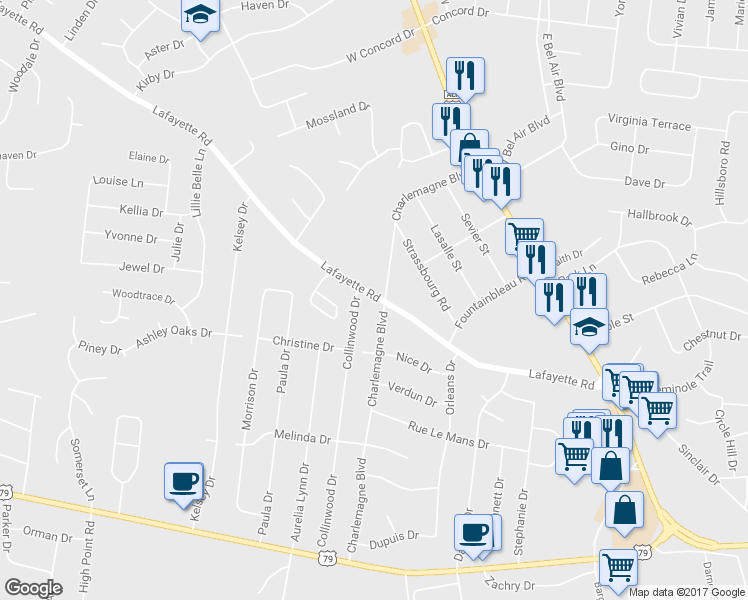map of restaurants, bars, coffee shops, grocery stores, and more near 317 Lafayette Road in Clarksville