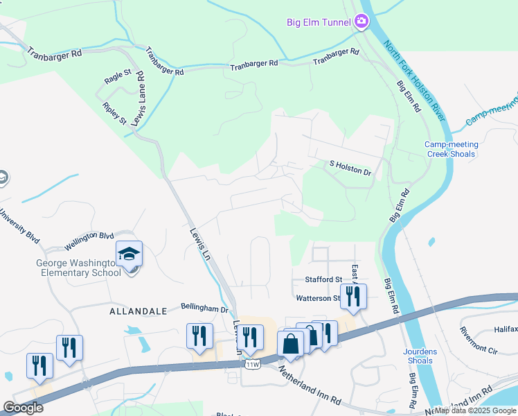 map of restaurants, bars, coffee shops, grocery stores, and more near 1121 Faye St in Kingsport