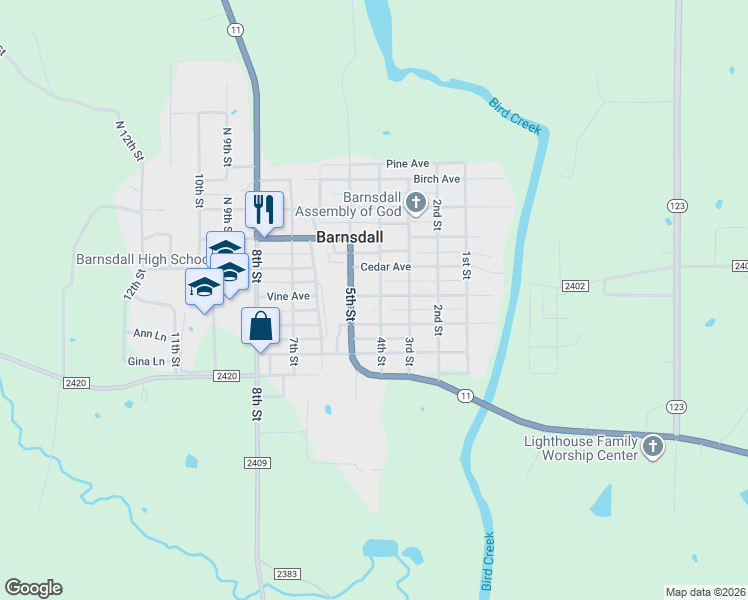 map of restaurants, bars, coffee shops, grocery stores, and more near 405 West Via in Barnsdall