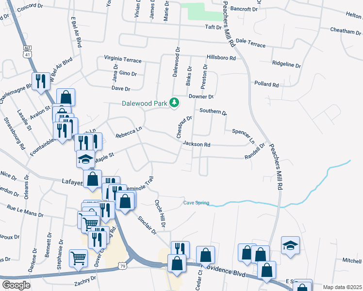 map of restaurants, bars, coffee shops, grocery stores, and more near 80 Chestnut Drive in Clarksville