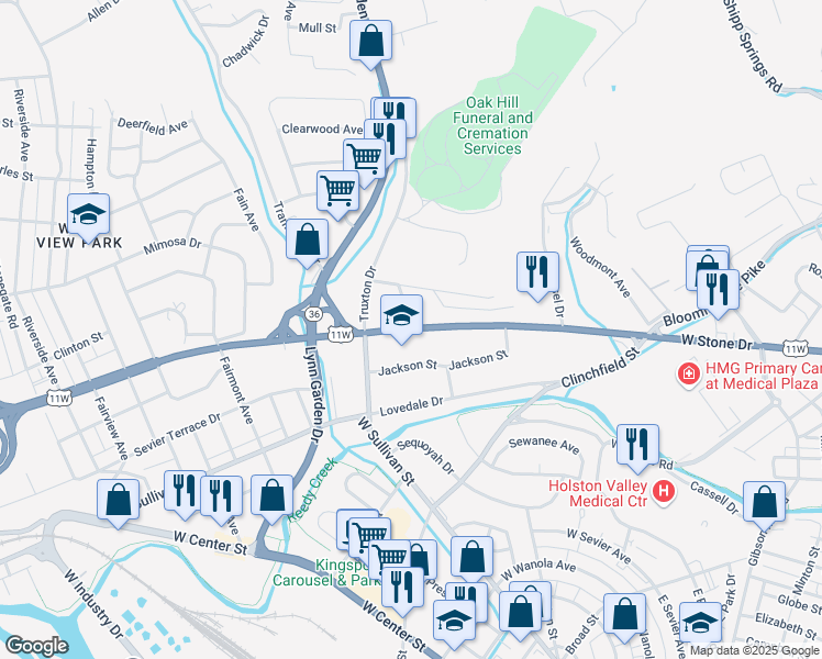 map of restaurants, bars, coffee shops, grocery stores, and more near 649 West Stone Drive in Kingsport