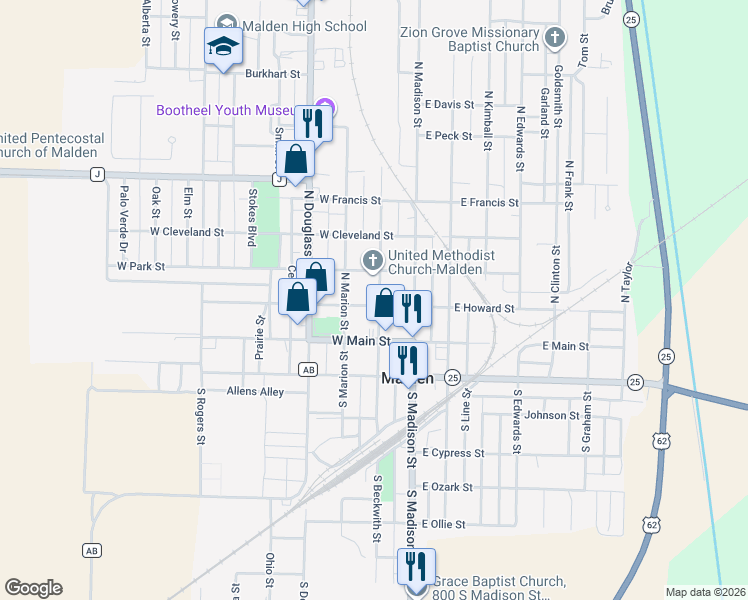 map of restaurants, bars, coffee shops, grocery stores, and more near 251 West Howard Street in Malden