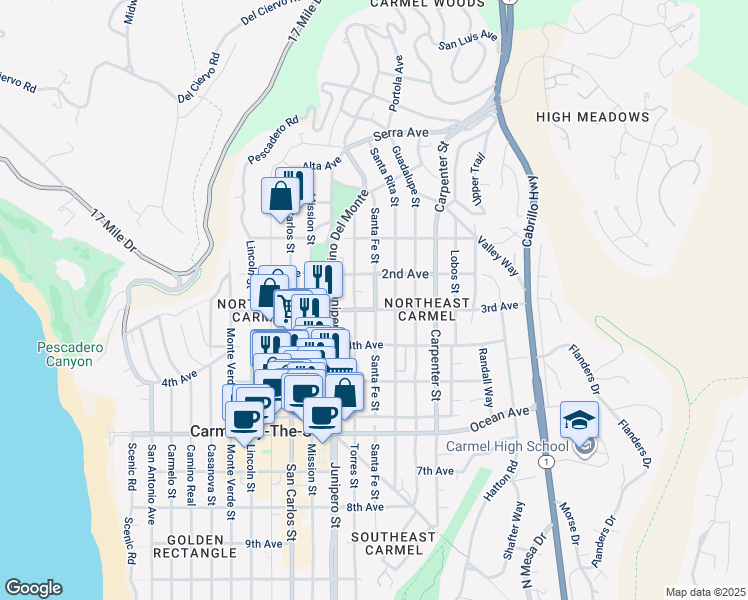 map of restaurants, bars, coffee shops, grocery stores, and more near in Carmel-by-the-Sea