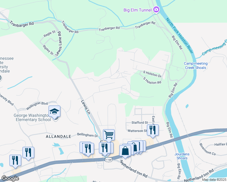 map of restaurants, bars, coffee shops, grocery stores, and more near 1121 Faye Street in Kingsport