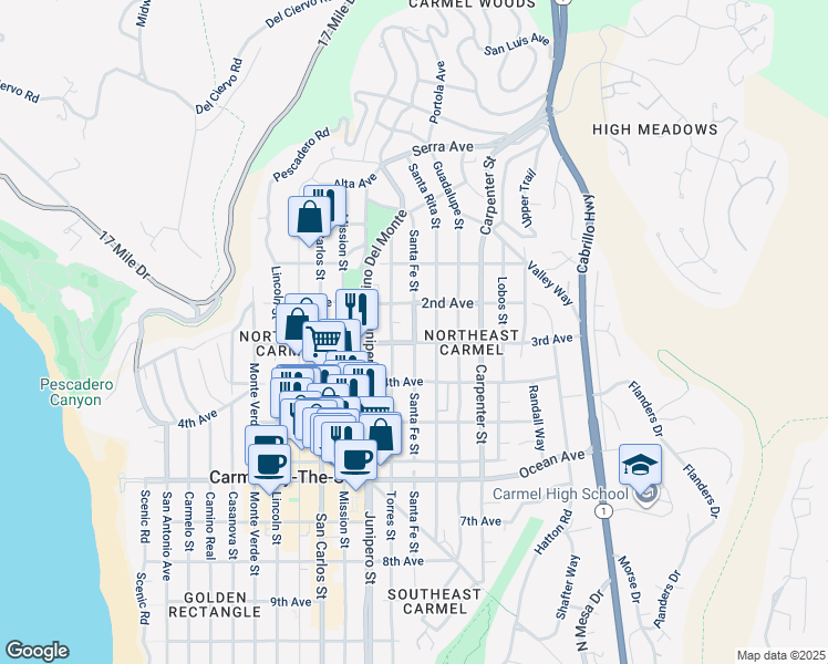 map of restaurants, bars, coffee shops, grocery stores, and more near in Carmel-by-the-Sea