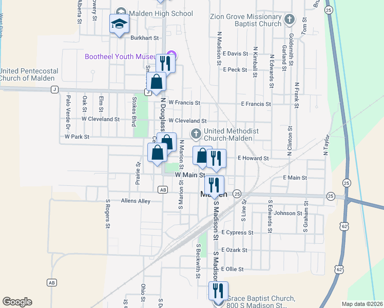 map of restaurants, bars, coffee shops, grocery stores, and more near 251-299 W Howard St in Malden
